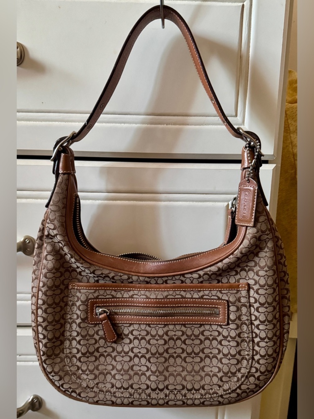 Coach Brown Signature Jacquard Hobo with Leather Trim